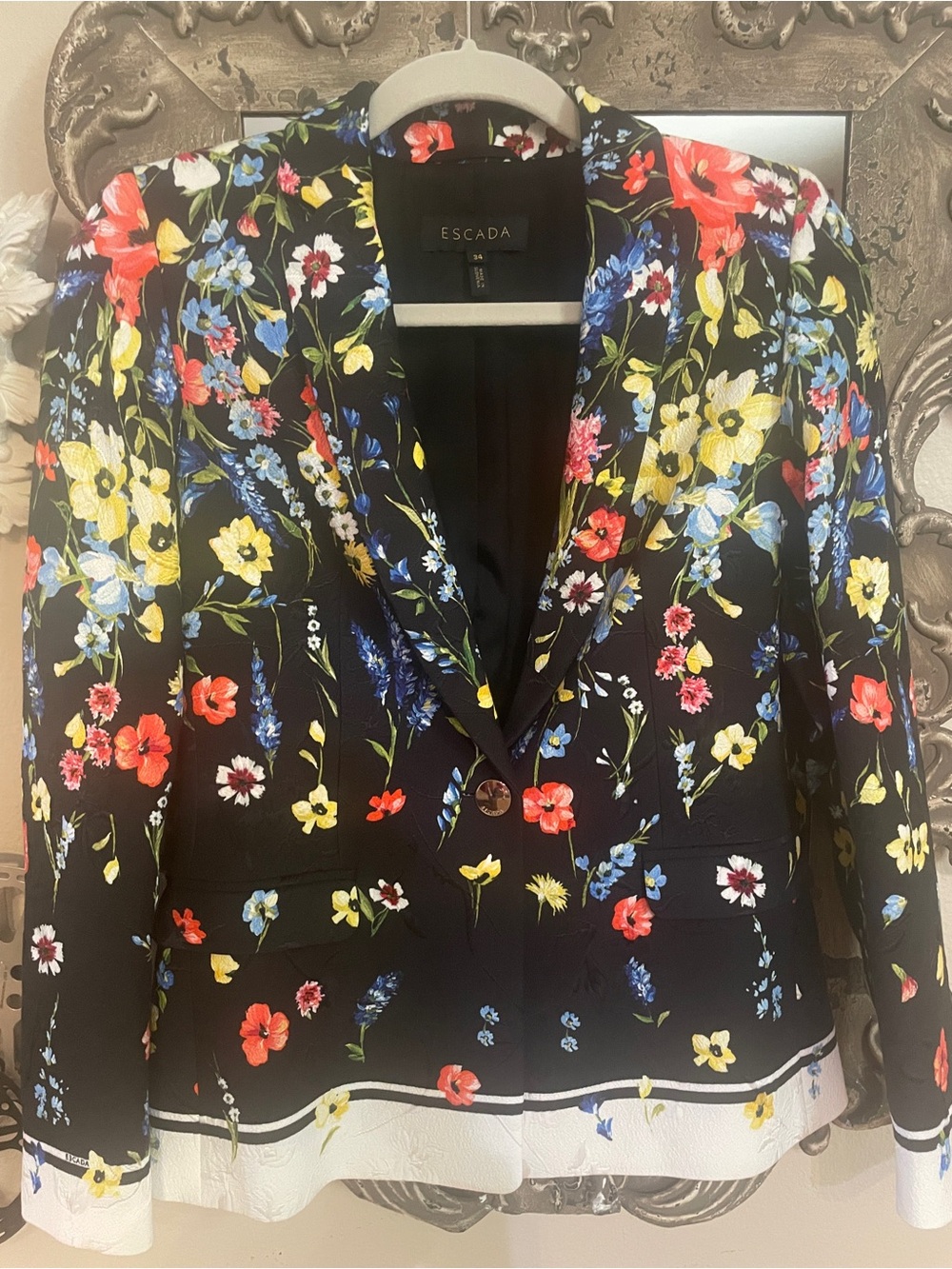 Escada Black Floral Single-Button Blazer with Colorful Blooms